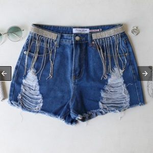 Distressed Denim Rhinestone Shorts